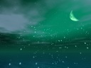 The moon shines in the emerald sky with deep affection.